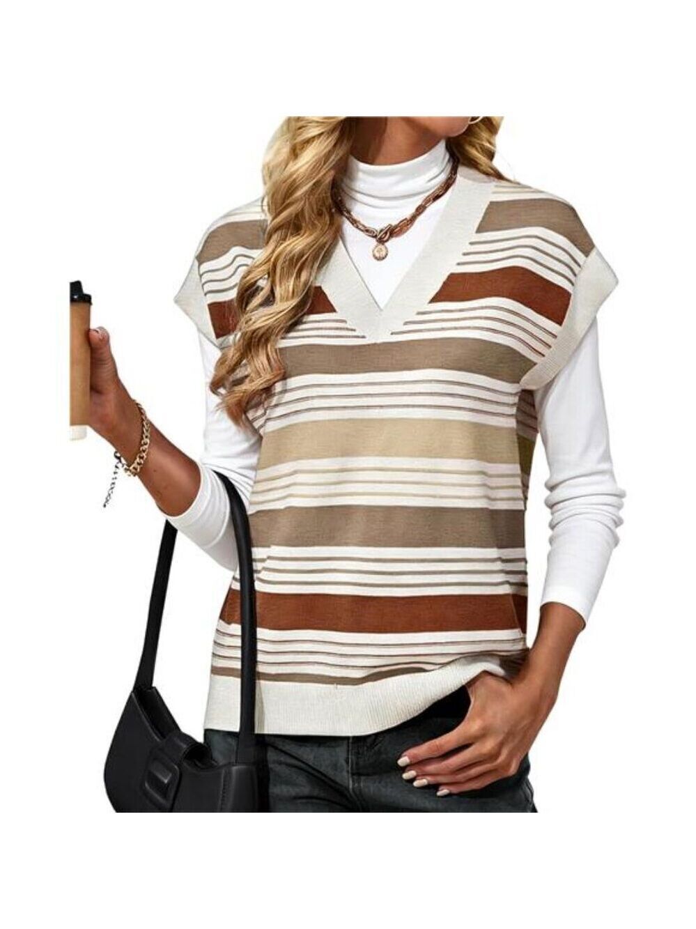 Cap Sleeve Sweater Vest Brown Striped Color Block V Neck Pullover Tank Top